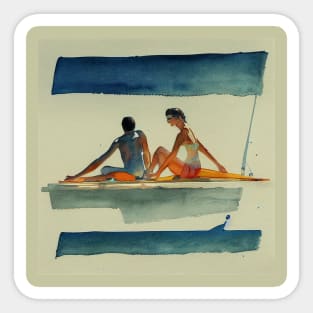 Woman and Man Sunbathing on the Sailboat Sticker